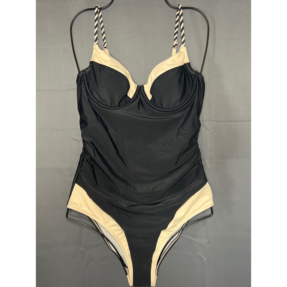Cupshe Womens Black Cream Underwire Braided Strap One Piece Swimsuit Size M NWT